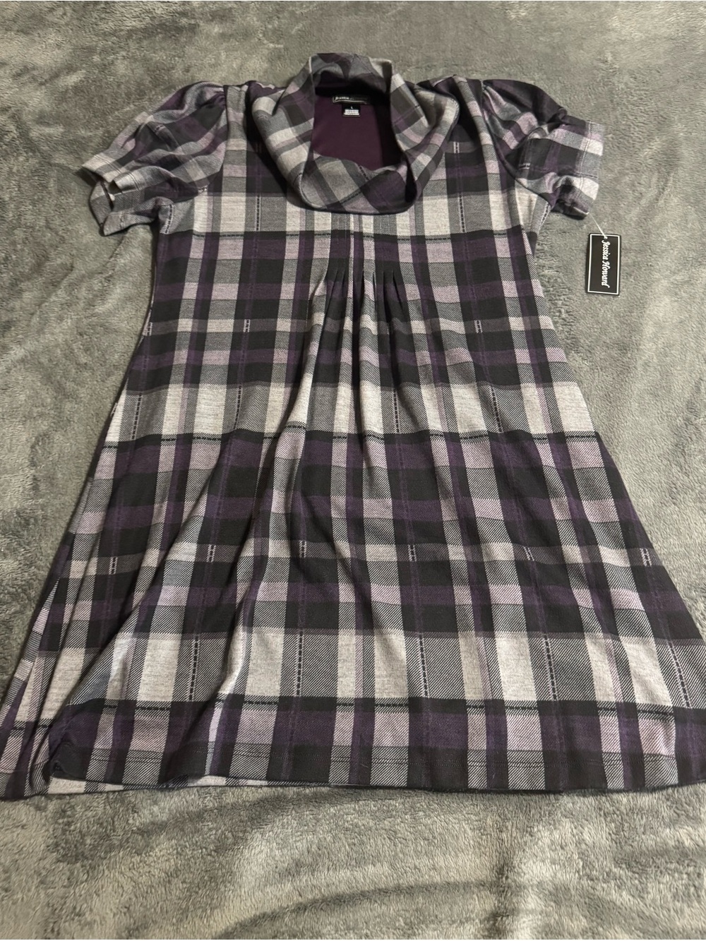 Jessica Howard Womens Large Purple Gray Black Plaid Cowl Sweater Dress NWT